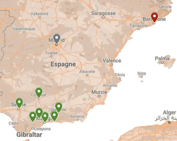 Carte des principaux centres d'intérêt lors d'un voyage en Andalousie : Séville, Cordoue, Grenade, Malaga, etc